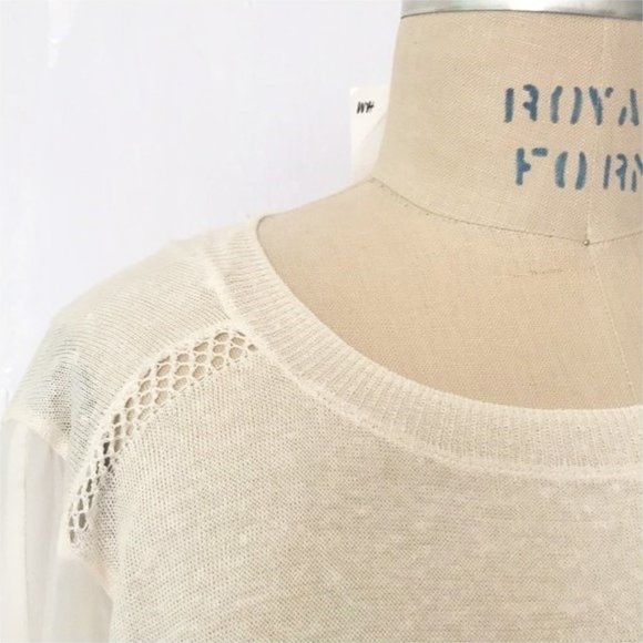 H&M CREAM FINE KNIT MIXED MEDIA CHIFFON SLEEVE LINEN BLEND SWEATER 12 NWT - Picture 6 of 9